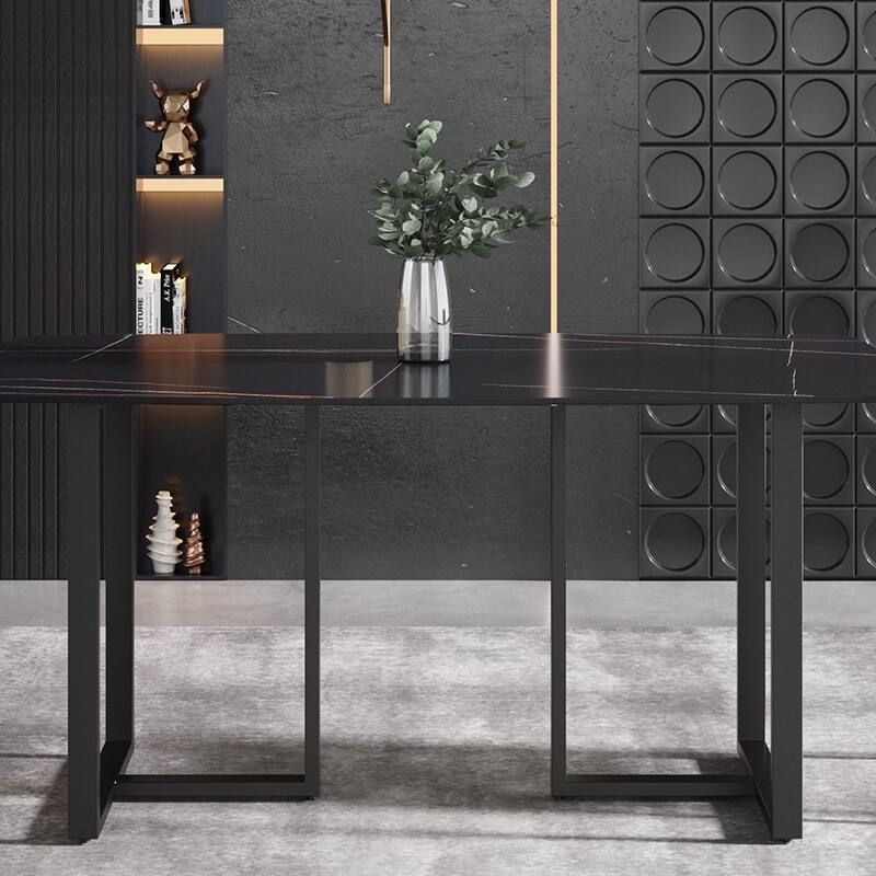 63'' Modern Dining Table，Sintered Stone Tabletop with Black Base
