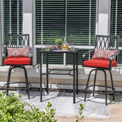 Outdoor 3PCS Metal Swivel Bar Set with Umbrella Hole and Padded Cushions