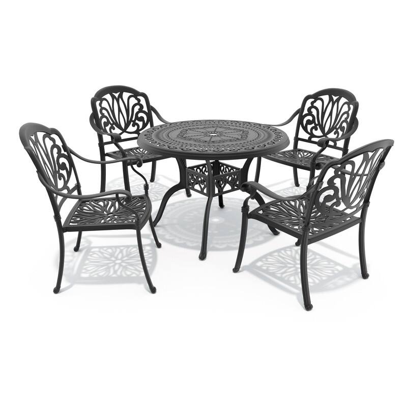 5-Piece Cast Aluminum Outdoor Dining Set with 39.37 in. Round Table and Seat Cushions