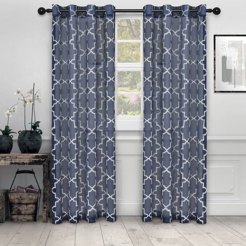 Superior Decorative Quatrefoil Embroidered Sheer Curtain Set with 2 Panels