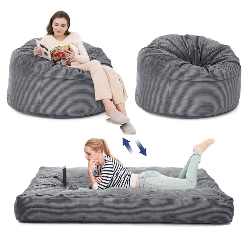 2-in-1 Convertible Bean Bag Chair Bed, Full Size Floor Mattress - Grey