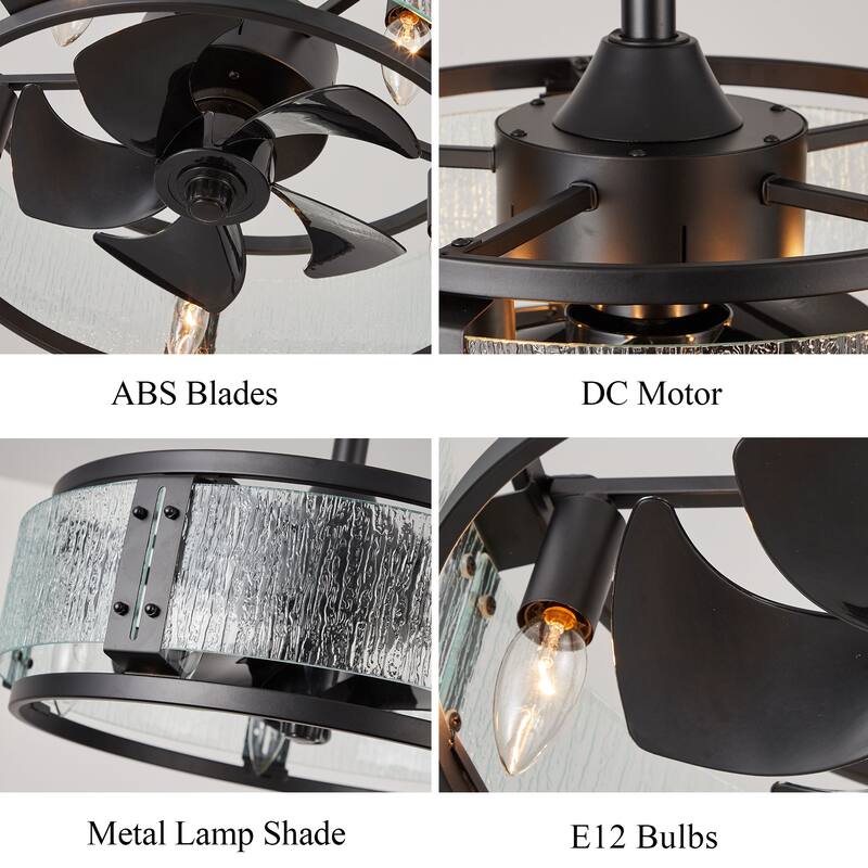 Cusp Barn 18" Caged Ceiling Fan with Light,Modern Black Reversible Quiet Fan Light,Glass Decoration Fixture,6-Speeds with Remote