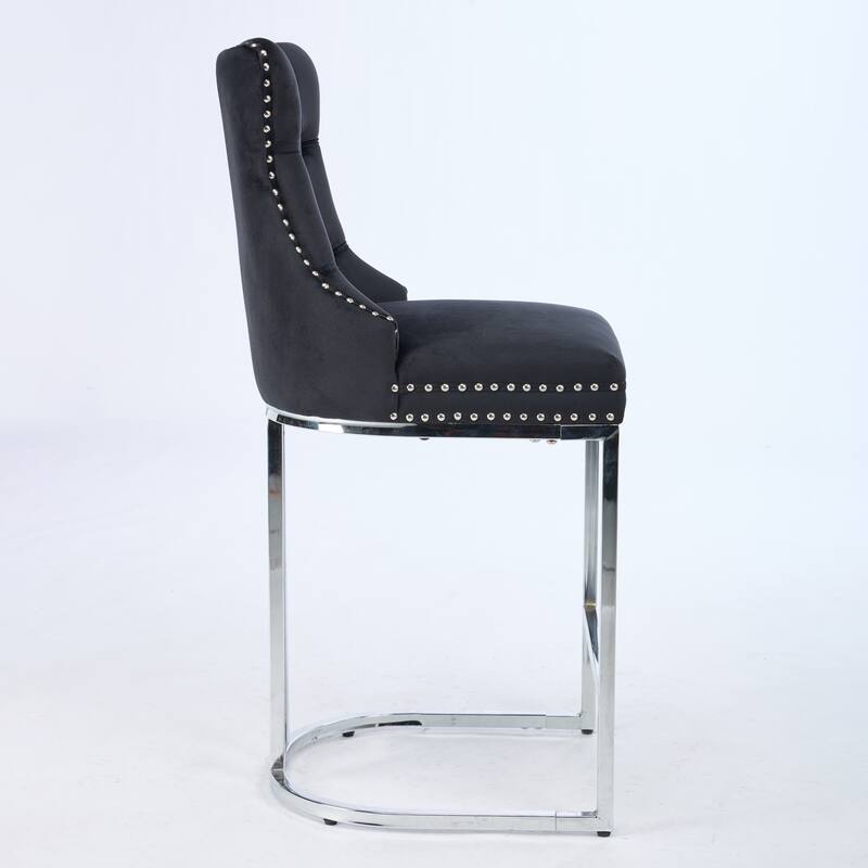 Set of 2 Modern 25 Inch Counter Bar Stools Velvet Upholstered Button Back Chrome Legs