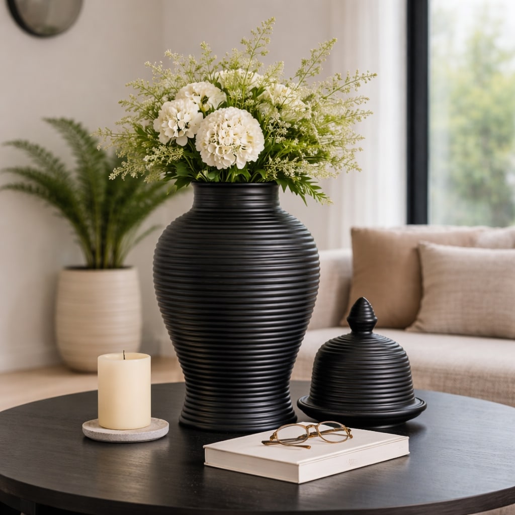 Decorative Jar - Black Ceramic Ribbed Ginger Lidded, 18 in.
