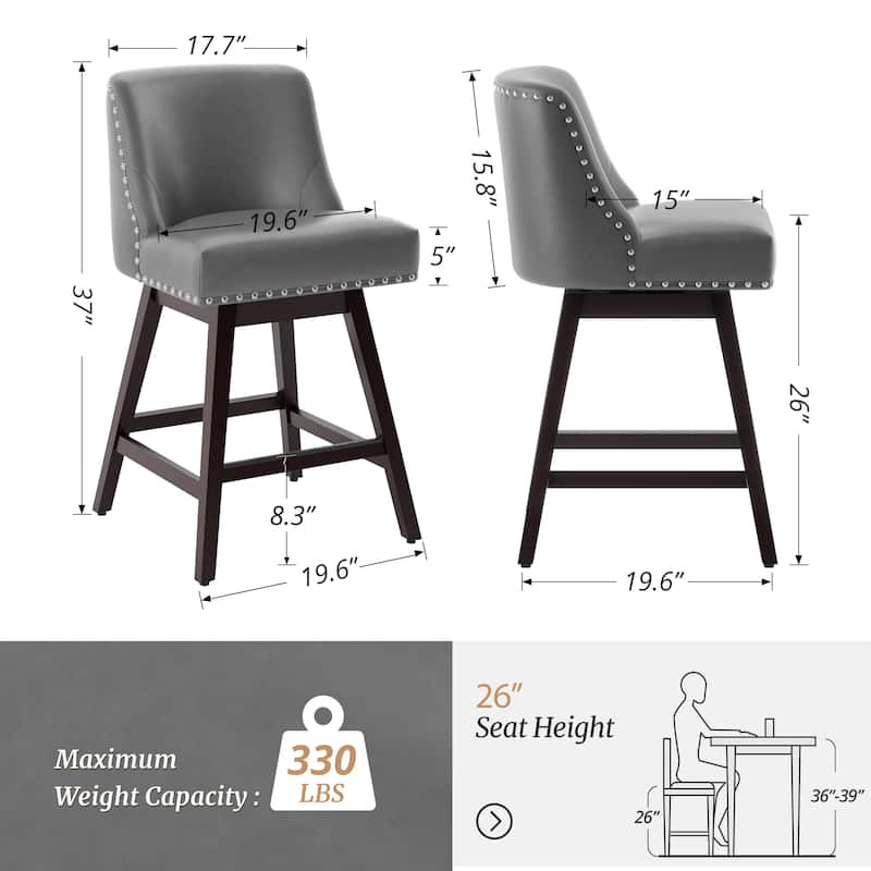 26 in. Counter Height Bar Stools Upholstered Wood Frame Swivel Bar Stool with Farbic Seat Set of 3 - 19.6"D x 19.6"W x 37"H