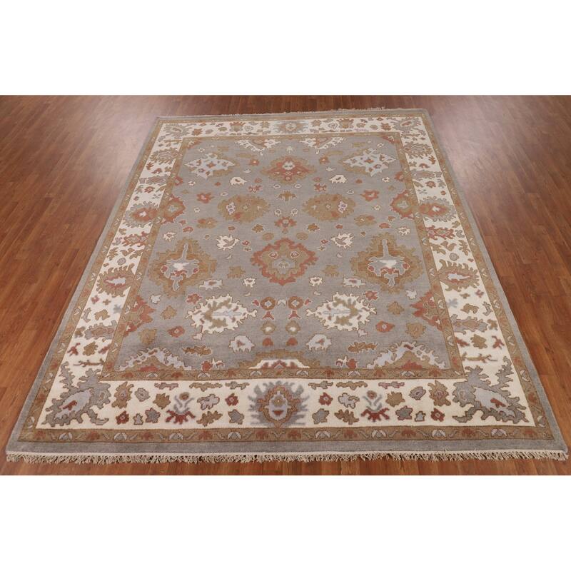 Gray Oushak Indian Area Rug Handmade Geometric Wool Carpet - 8'4"x 9'10"