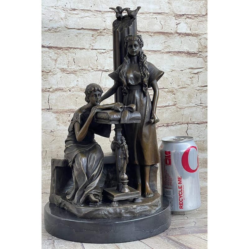 Two Young Girls W/ Book Column Bronze Statue Sculpture Moreau Decor 14 Inches X 8 Inches