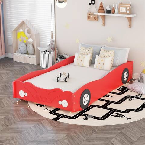Modern Twin Size Car-Shaped Platform Bed for Kids Bedroom, Solid Wood Bedframe with Wheels, No Need Spring Box
