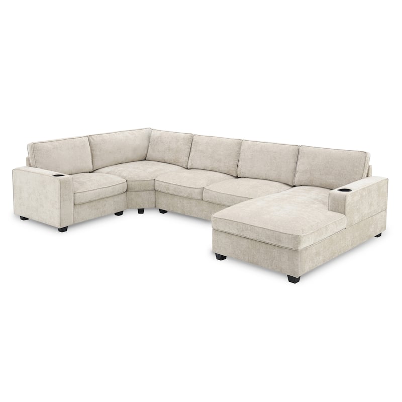 U Shaped Sectional Sofa, Chenille Corner Couch Set with Cup Holders