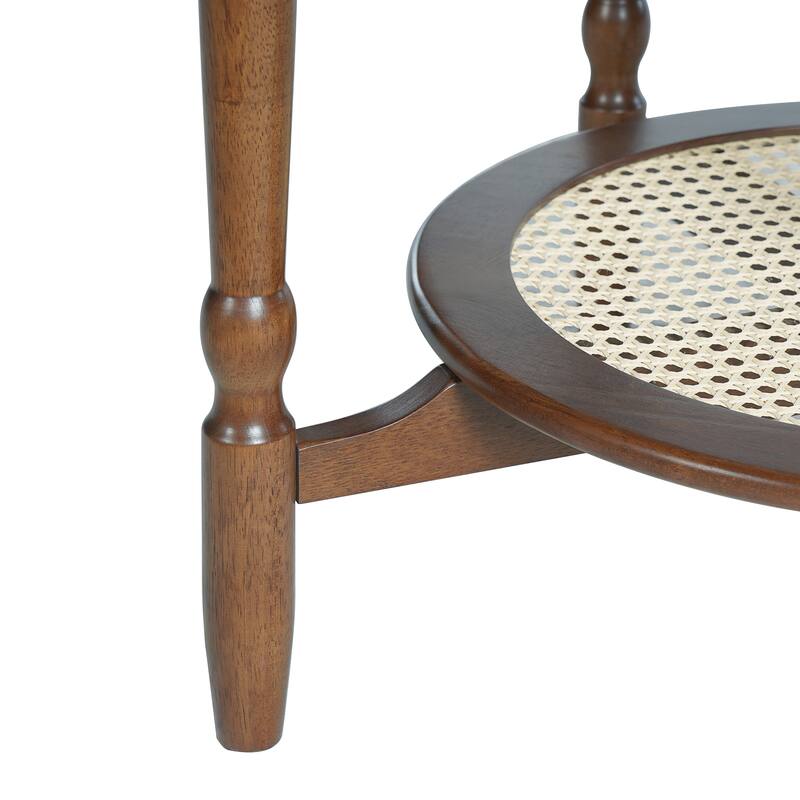 2 Tier Petal Shape Top Coffee Table with Rattan Open Storage Shelves