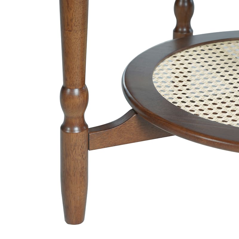 Mid-Century Style Coffee Table with Petal Shape and White Crackle Pattern Glass, 2-Tiered Coffee Table with Rattan,Walnut, 31.5"