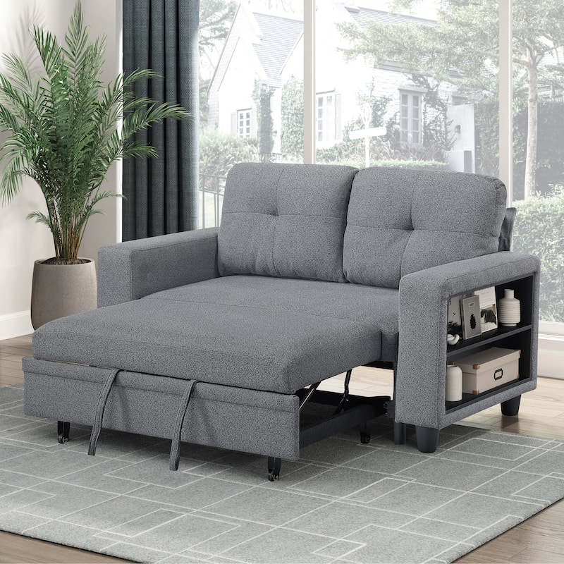 Hazel 56.5" Boucle 2-Seater Loveseat - Pull-out Bed, Shelves, USB Port