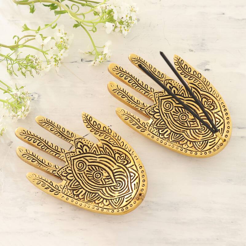 Novica Handmade Golden Hamsa Aluminum Incense Holders (Pair)