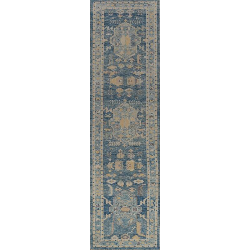 Hand Knotted Oriental 100% Wool Carpet Transitional Geometric Navy Blue & Blues Oushak Runner Rug - 14' 4'' X 2' 10''