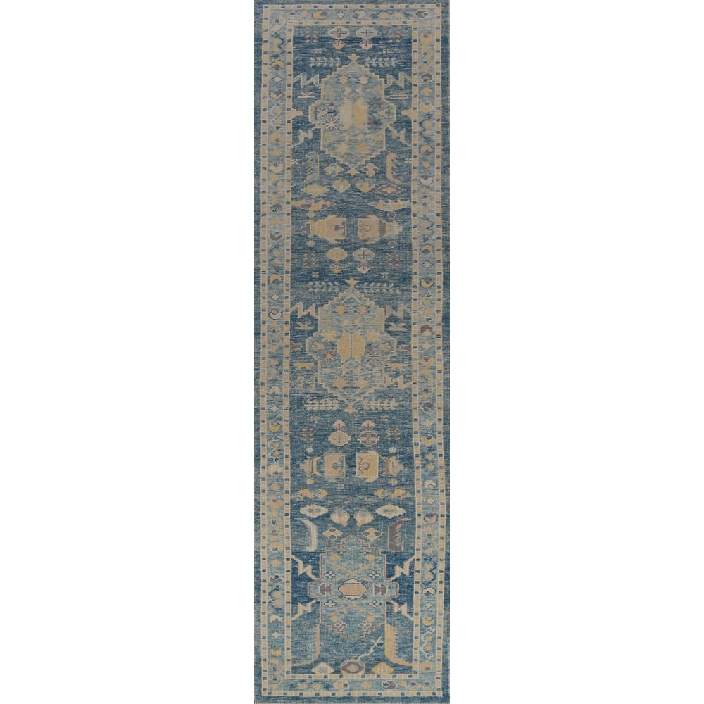 Hand Knotted Oriental 100% Wool Carpet Transitional Geometric Navy Blue & Blues Oushak Runner Rug - 14' 4'' X 2' 10''