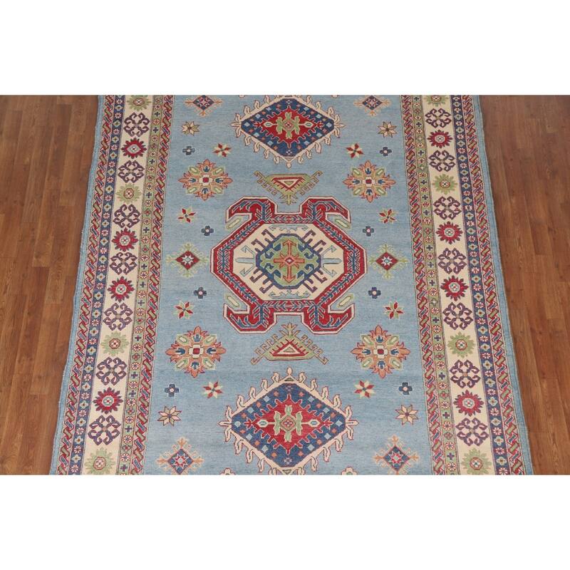 Hand Knotted Oriental 100% Wool Carpet Traditional Geometric Navy Blue & Blues Kazak Area Rug - 10' 0'' X 6' 9''