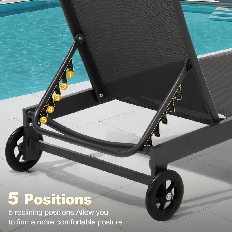 Outdoor Patio Aluminum 5-Position Adjustable Chaise lounge Chairs with Wheels
