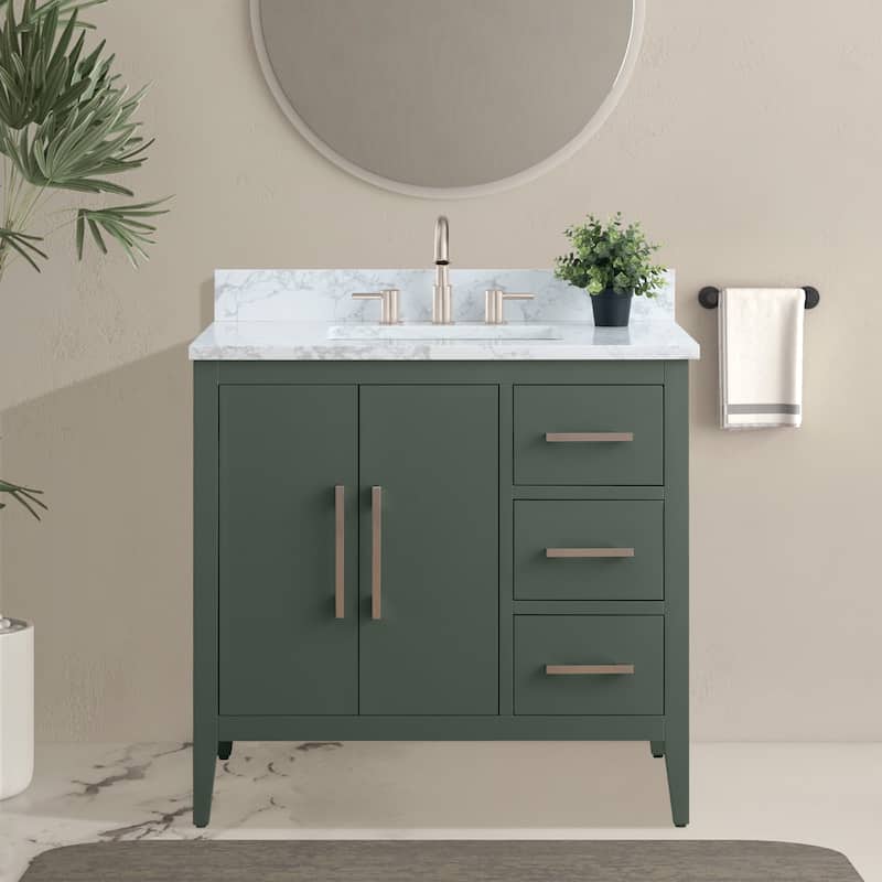 Vanity Art 36" Single Sink Bathroom Vanity Cabinet with Engineered Marble Countertop - 36"/Brushed Nickel Handle - Vintage Green