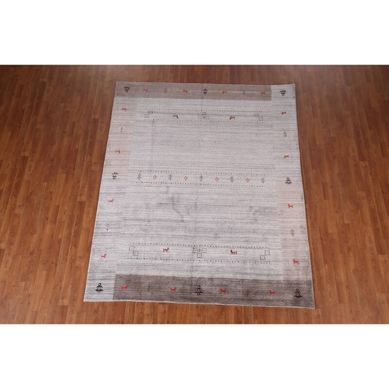 Gabbeh Indian Area Rug Hand-Knotted Tribal Beige Wool Carpet - 6'8"x 8'1"