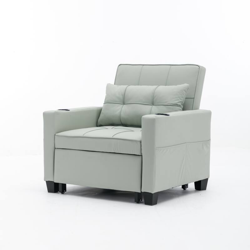Leather Futon Armchair Bed with USB, Cup Holders & 3-Position Backrest