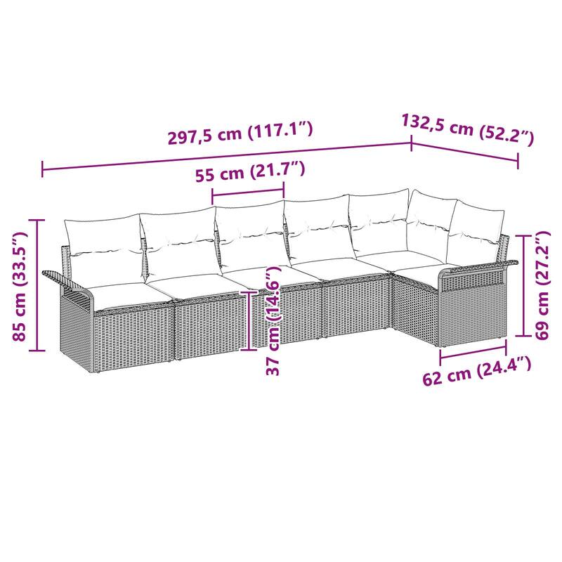 vidaXL 6/7 Garden Sofa Set with Cushions Black/Brown/Grey Poly Rattan - 117.1 x 52.2 x 27.2