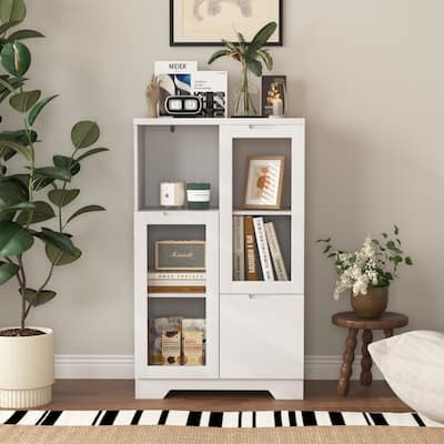 Wooden Floor Cabinet with 2 Glass Doors and 2 Storage Space - N/A