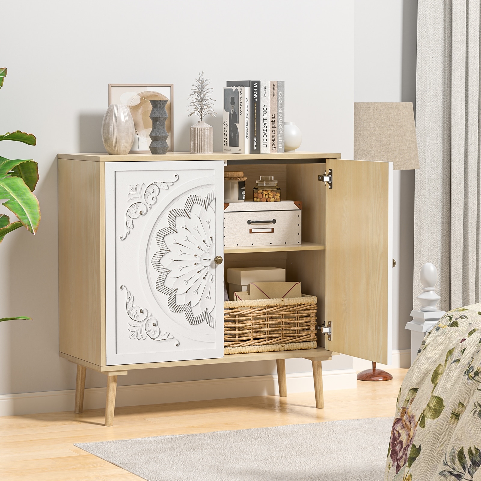 Reclaimed Pine Noodle Side Cabinet with Lattice Door - Country Style
