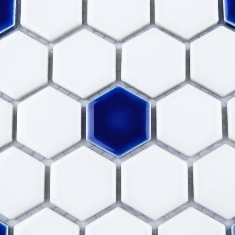 Merola Tile Metro Ion 1" Hex Sapphire Dot w/Glossy White 10-1/4" x 11-7/8" Porcelain Mosaic Floor and Wall Tile