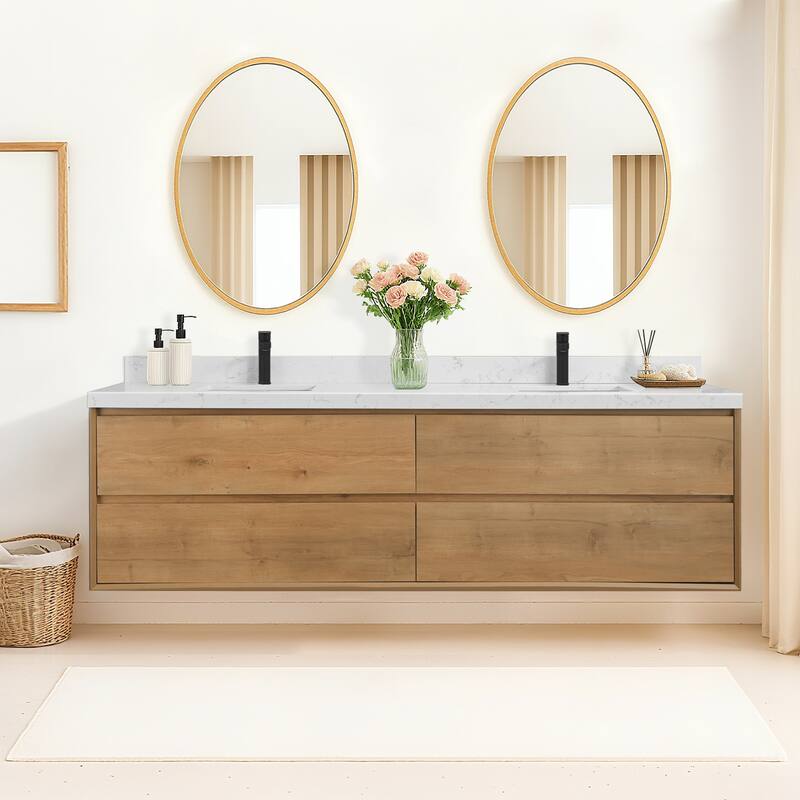 Sylphar 84 in. Toffee Oak Bath Vanity with Undermount Sink, 3 Top Options - Calacatta White Quartz Top Set