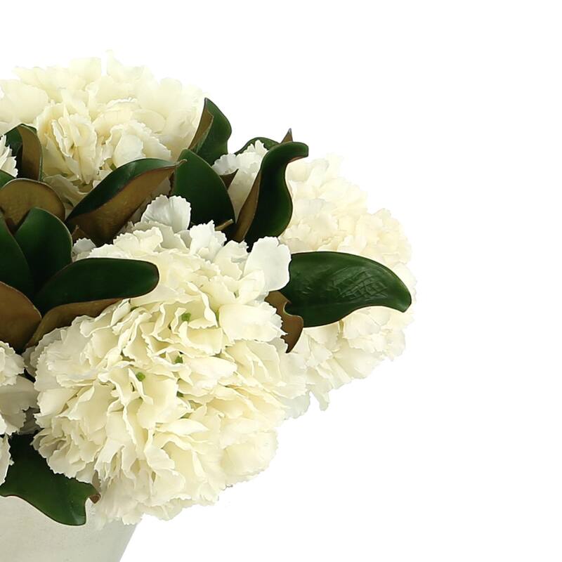 Hydrangea and Magnolia Leaf Arrangement in a Metal Vase - White, Silver