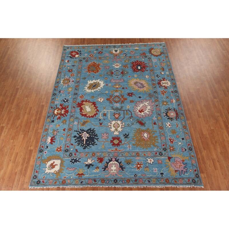 Blue Floral Oushak Area Rug Handmade Oriental Wool Carpet - 8'10"x 11'9"