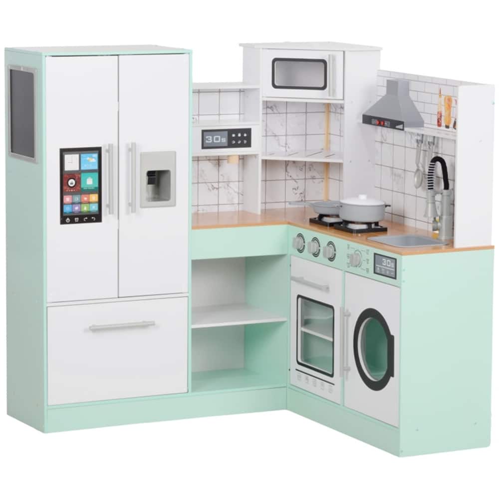Kids Deluxe Wooden Kitchen Playset with Light Sound Range Hood Sink Chalkboard and Storage Green White