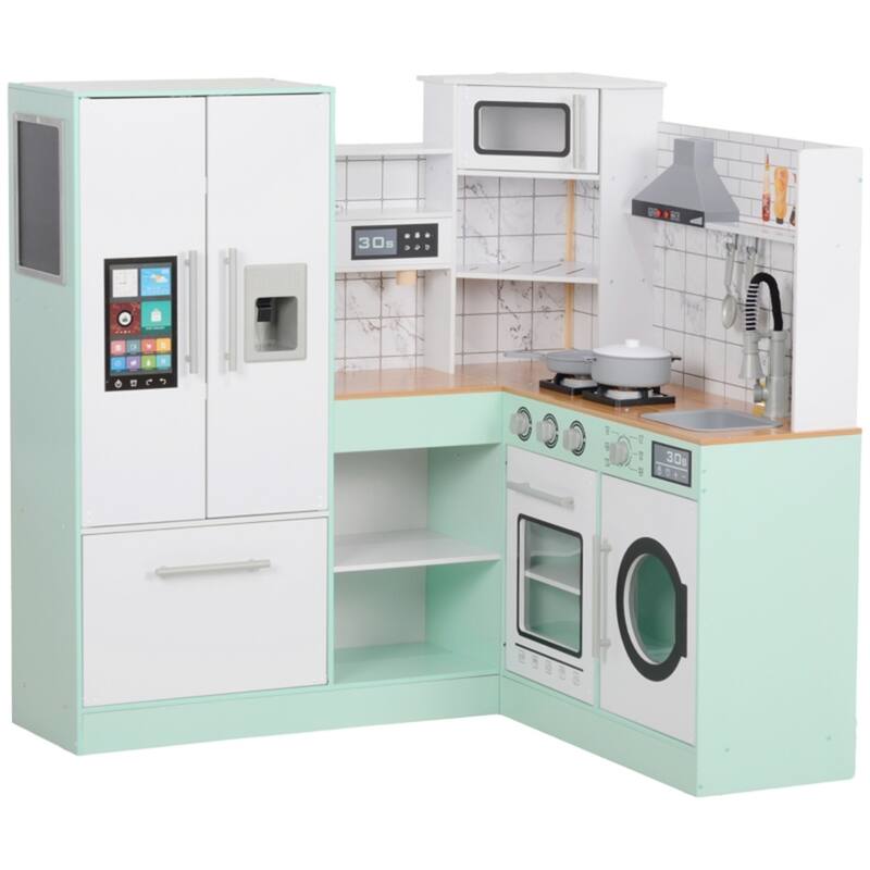 Kids Deluxe Wooden Kitchen Playset with Light Sound Range Hood Sink Chalkboard and Storage Green White