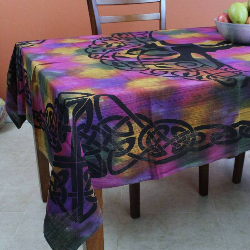 Cotton Celtic Tree of life Tablecloth Rectangle with Fringes - 54 x 84 in - Multi-Color