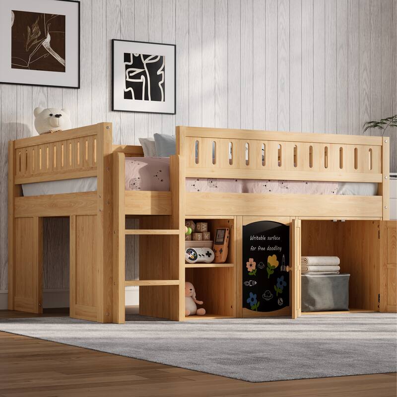 Wooden Full Size Loft Bed with Double-Door Storage Cabinet, Open Shelves and Chalkboard Panel