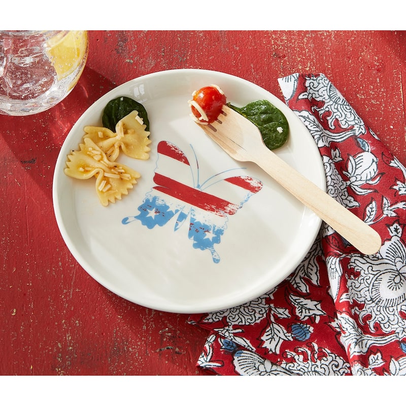 Butterfly Multicolor Ceramic Appetizer Plates - Summer Dining Dish, Dishwasher Safe, 7" Diameter, Set of 4