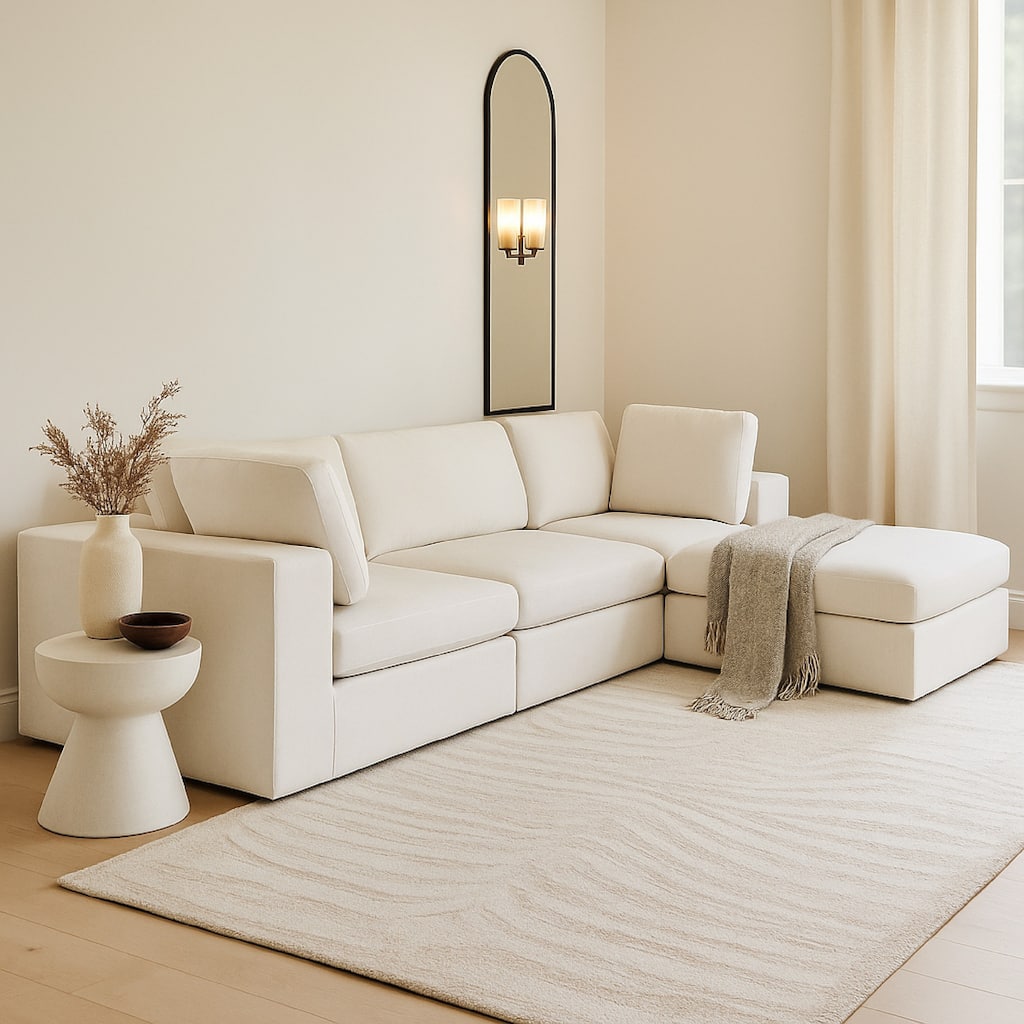 Lipi 4pc Modular Sectional Chaise Sofa Set, Mist White, 120 Inch Solid Wood Frame