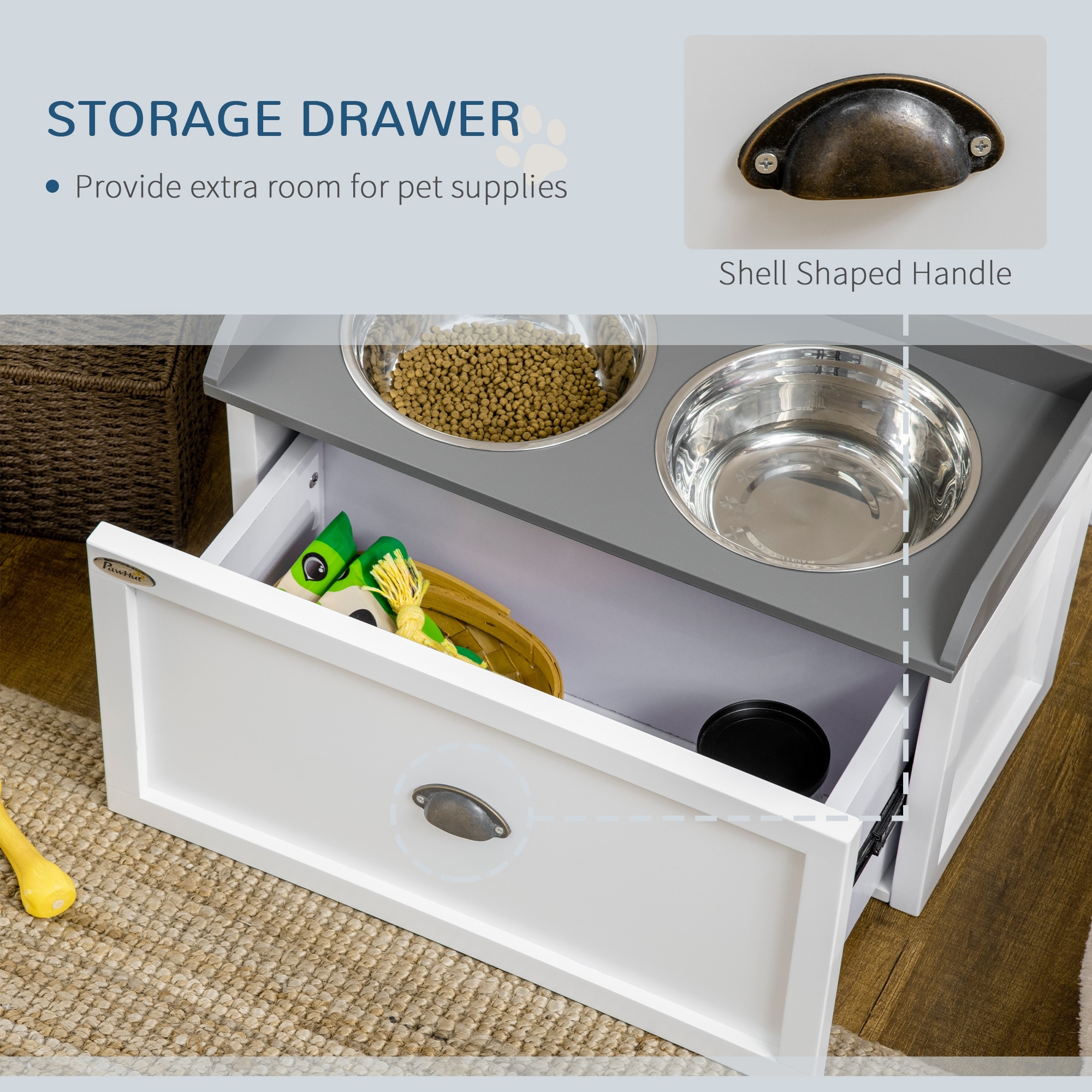 Dog Feeding Station with Storage Drawer Dog Food Storage Cabinet with 2 Removable Elevated Dog Bowls for Large Sized Dogs White