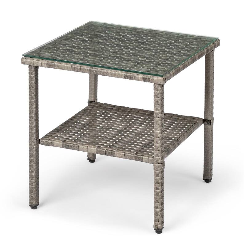 Square Outdoor Tea End Table Wicker Rattan Steel Frame with Tempered Glass Patio Balcony Garden - 17.52" L x 17.52" W x 18.5" H