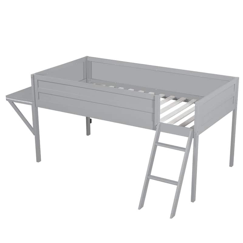 Grey Full Size Wooden Loft Bed with Built-in Gaming Desk, Multi-Color LED Lighting, and Space-Saving Design for Kids and Teens