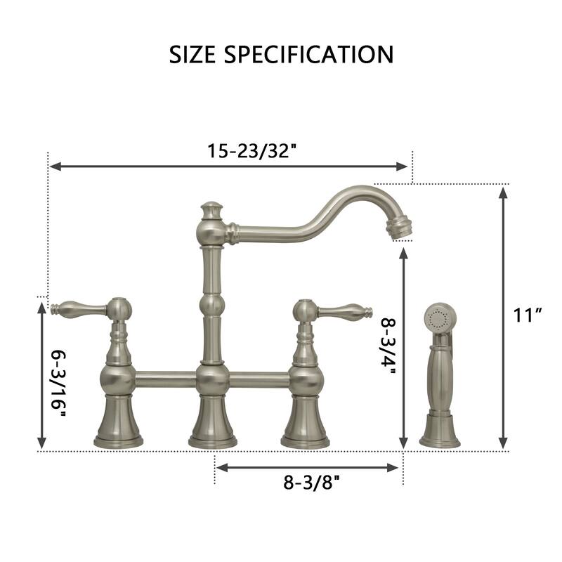 Two-Handles Bridge Kitchen Faucet with Side Sprayer 8-3/8 Inch High Arc