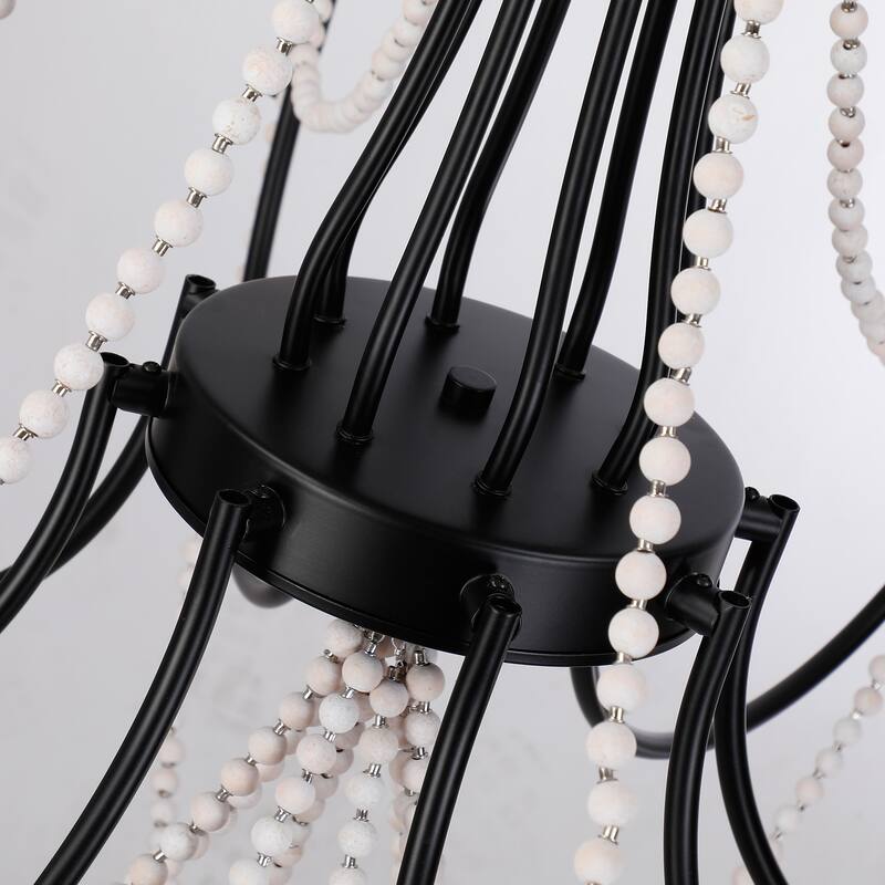 Rustic Beach Chandelier with Wooden Bead Strands | Matte Black 8-Light Dining Room Fixture - Satin Black