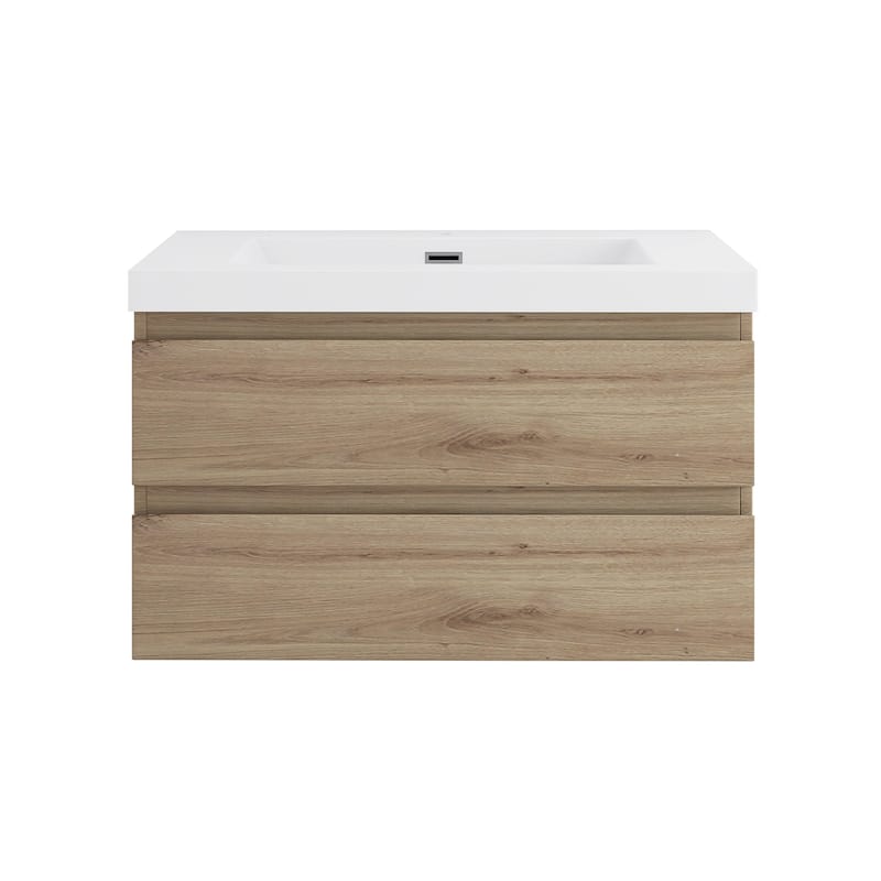 Angela Wall Mounted Bathroom Vanity in F. Oak with White Cultured Marble Top