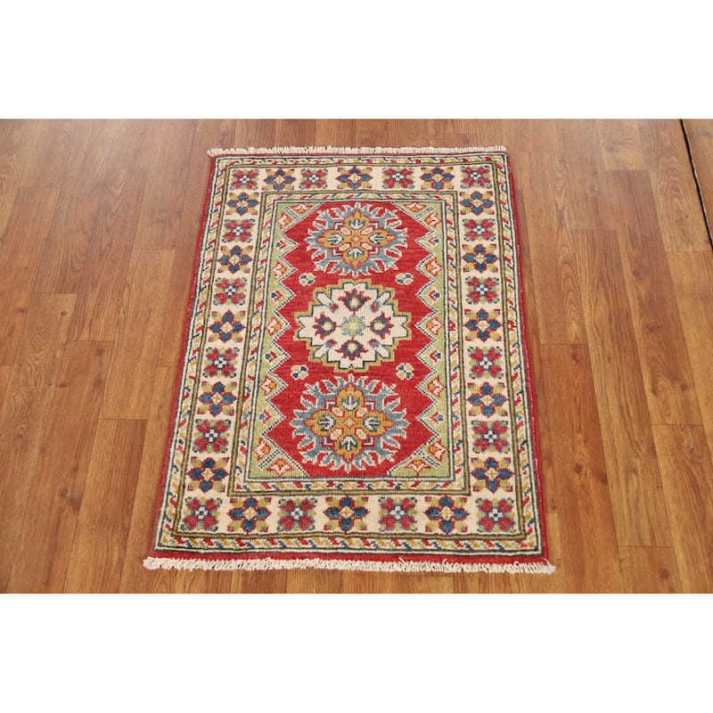 Geometric Kazak Oriental Foyer Rug Hand-Knotted Red Wool Carpet - 2'0"x 3'0"