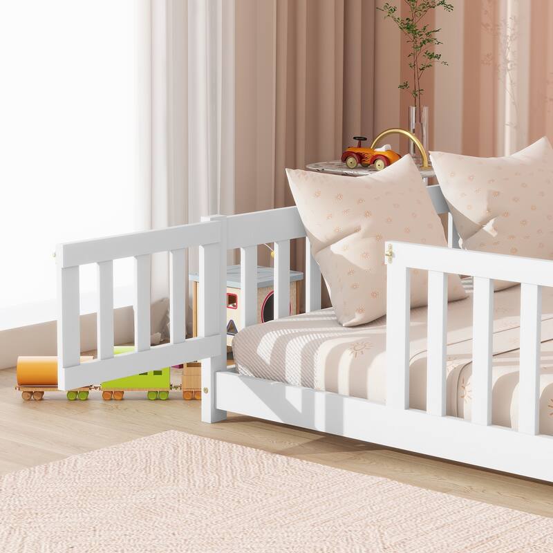 Full Size Floor Bed with Fence and Door, Rubber Wood Floor Bed with Safety Guardrails