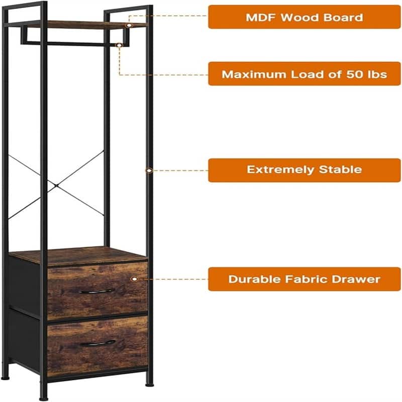 Clothes Rack 3 Tiers Heavy Duty Coat Rack with 2 Fabric Drawers - 11.4"D x 15.4"W x 71.1"H