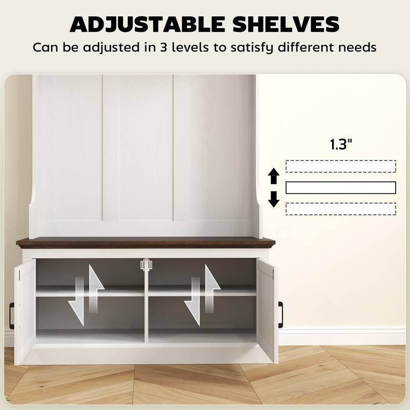 White and Oak MDF Hall Tree Bench with Shoe Storage and Steel Hooks - 41.3" W x 15.7" D x 70.9" H