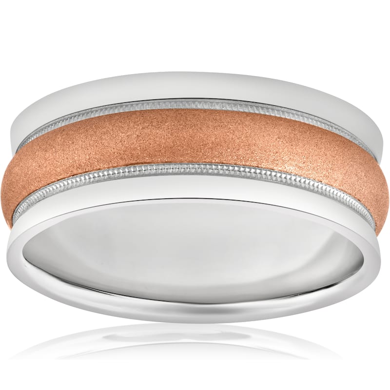 8mm Wide Mens Two Tone White & Rose Gold Brushed Wedding Ring