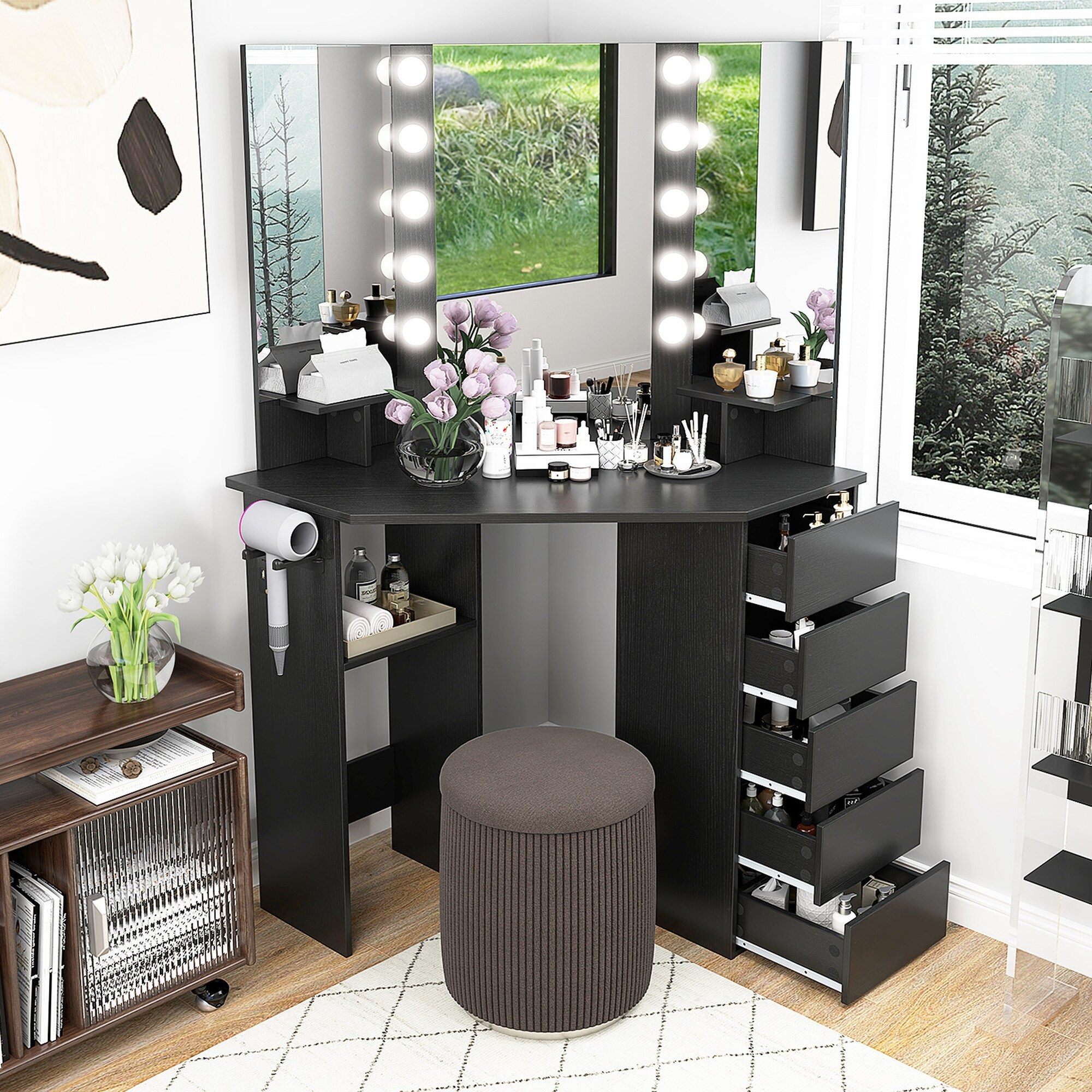 Costway Corner Vanity Desk Cosmetic Vanity Station with LED Mirror,& - See Details