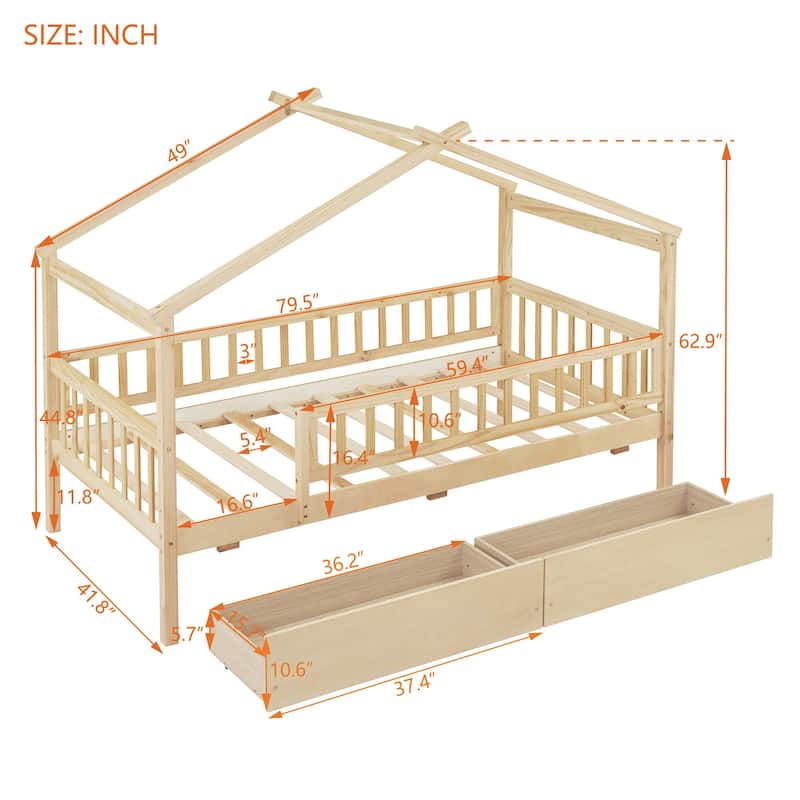 Twin Size Wooden House bed with Two Drawers, Natural